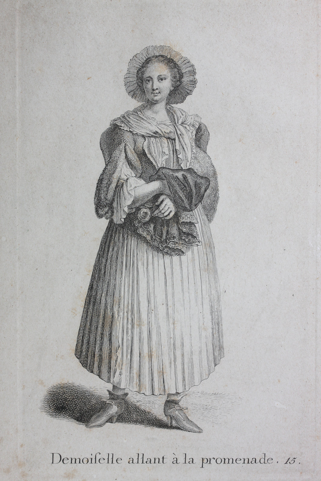 Johann Rudolf Huber, after. Demoiselle allant a la promenade. Engraved by Johann Rudolf Schellenberg. Basel, 1798.