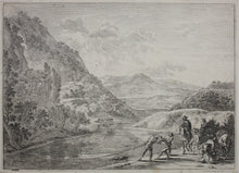 Load image into Gallery viewer, Jan Both. Fishermen fishing in the river Tiber near Mount Soracte. Etching. 1636-1652.
