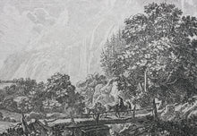 Load image into Gallery viewer, Jan Both. Travellers and their mules on the wooden bridge near Sulmona and Tivoli. Etching. 1636-1652.
