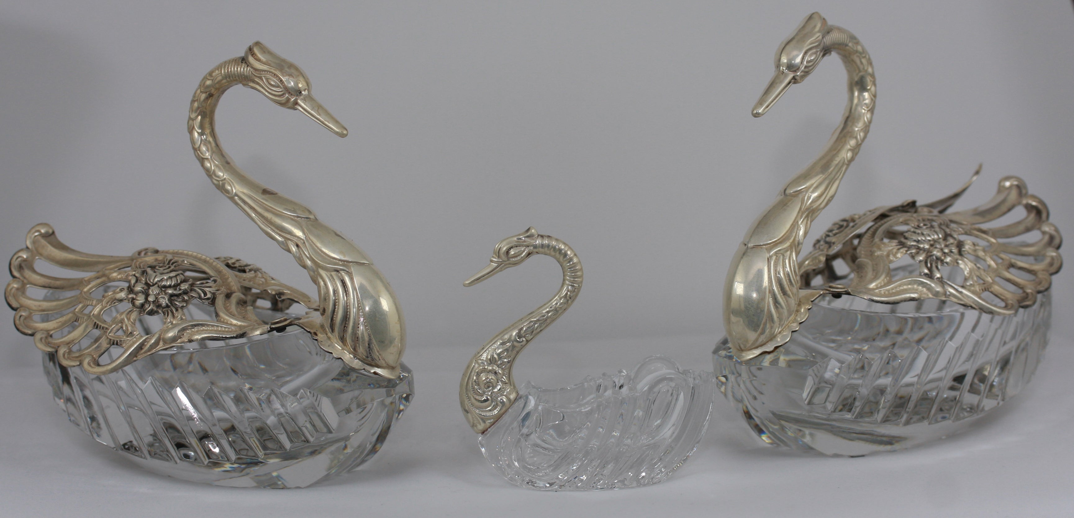 WB & Co. Swan candy dishes/salt cellars. Sterling silver and cut crystal.  West Germany 1949 - 1990.