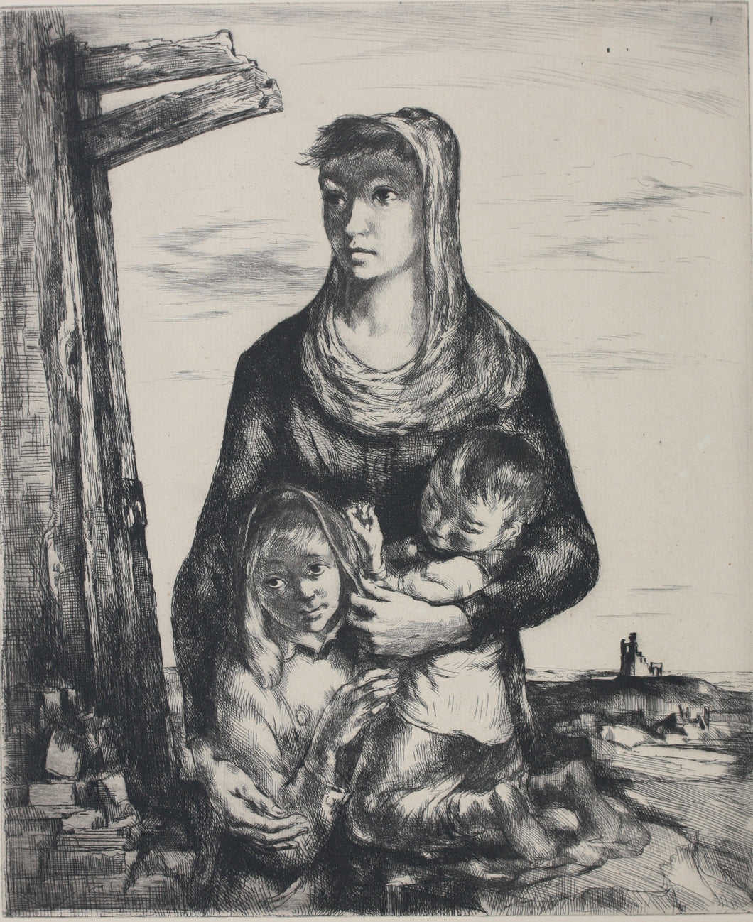 Stephen Csoka. Fatherless. Etching. 1946.