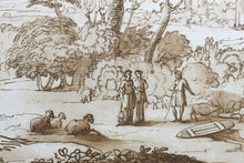 Load image into Gallery viewer, Claude Lorrain, after. Landscape with Jacob, Rachel and Leah at the Well. Etching by Richard Earlom. 1776.
